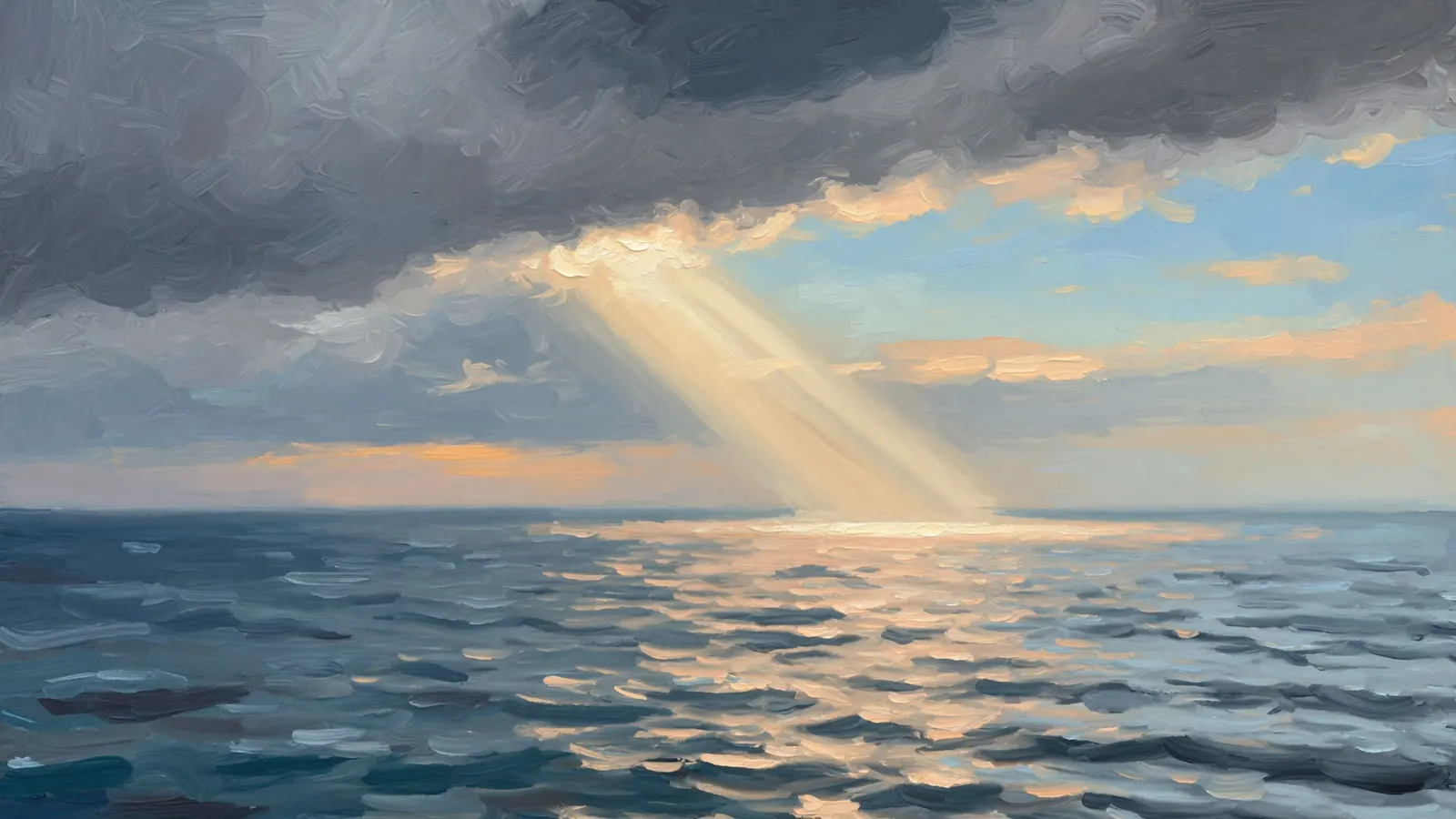 An oil painting of a storm front breaking over open sea, sunlight falling through the gap onto the water.