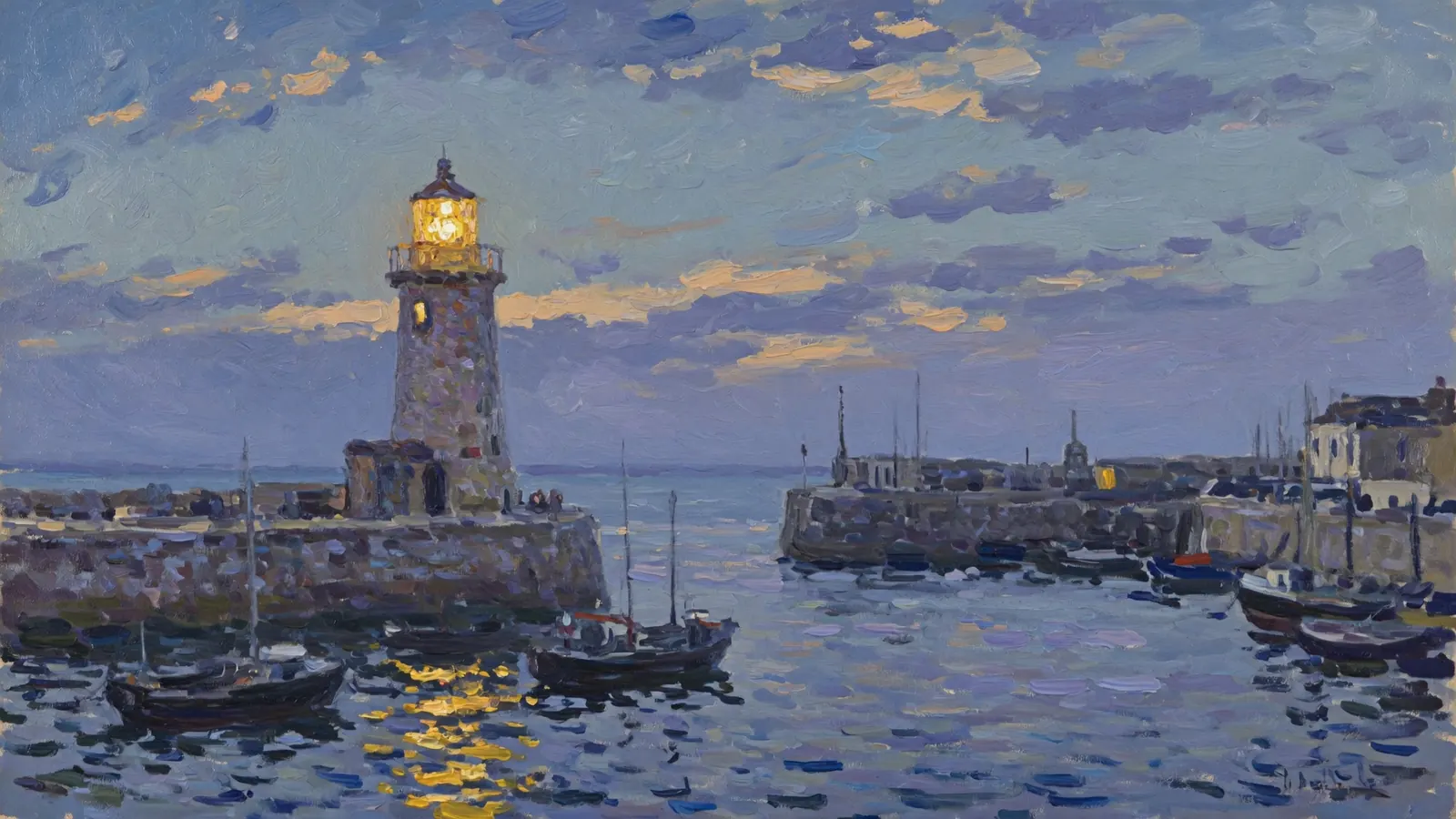 An oil painting of a lit harbour lighthouse at dusk, its lamp reflected in the water among moored boats.