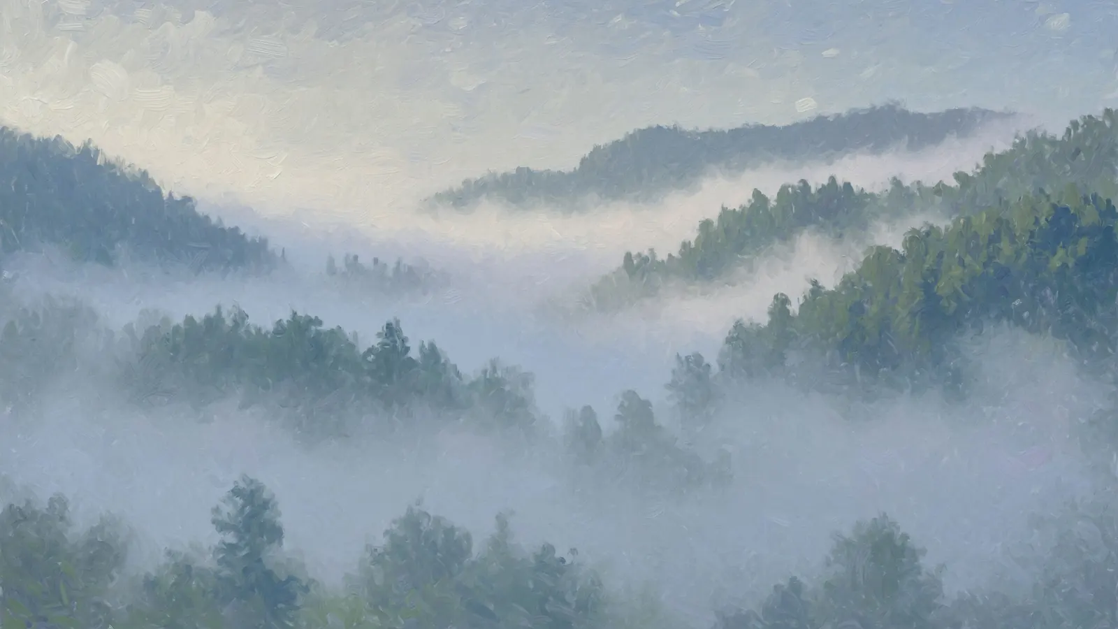 An oil painting of morning mist filling a wooded valley, treetops showing through it.