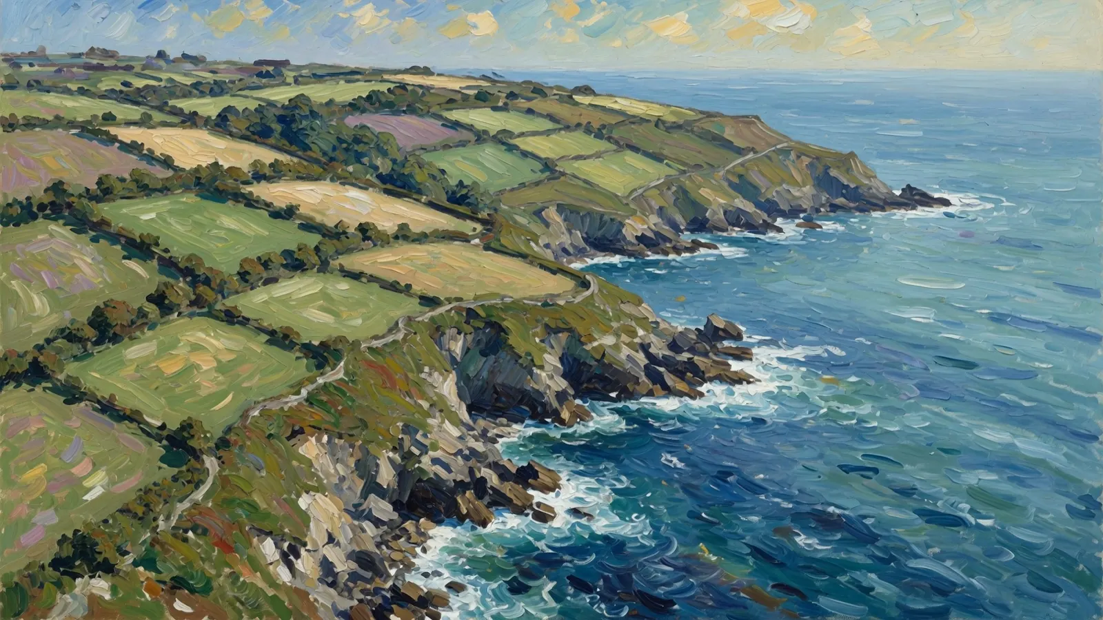 An oil painting of farmland divided by hedgerows running out to a cliff edge above the sea.